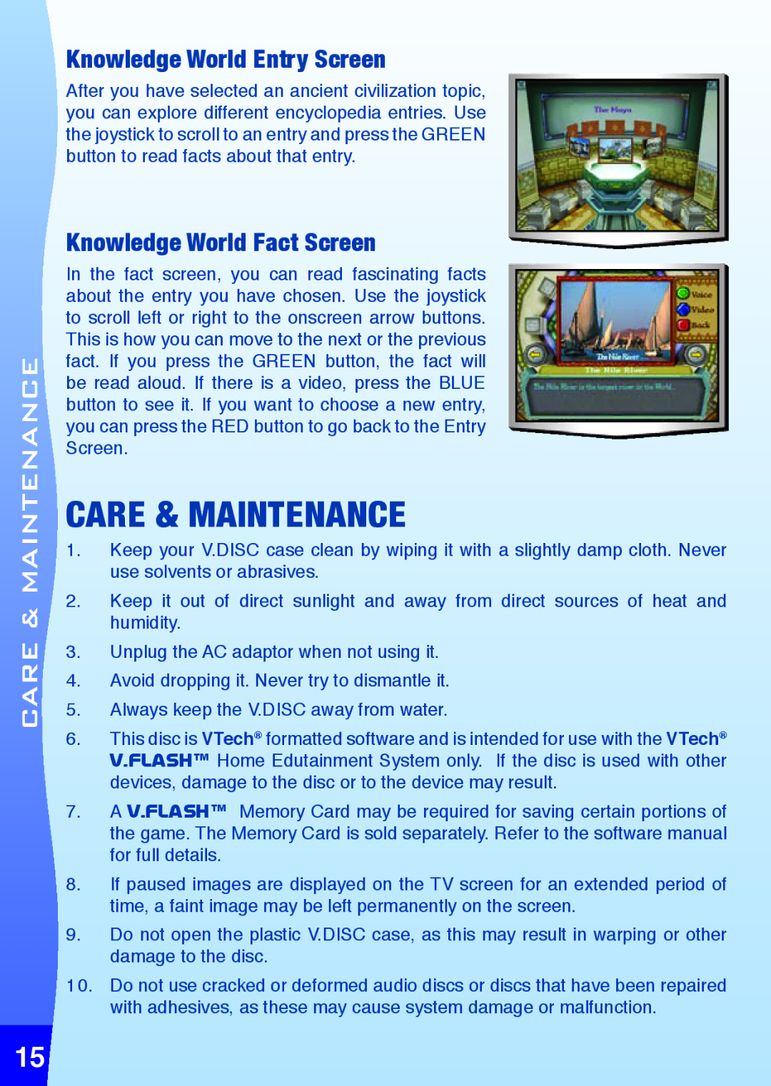 VTech V.FLASHTM, educational video game system user manual  15, Knowledge World Entry Screen, Knowledge World Fact Screen 